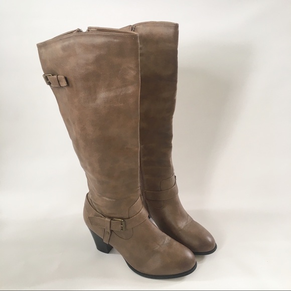 JustFab Shoes - JustFab knee high taupe buckle heeled boots